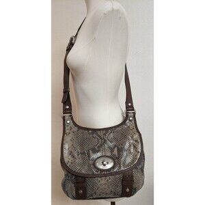 Fossil Snakeskin & Brown Leather Foldover Flap Crossbody Bag Purse